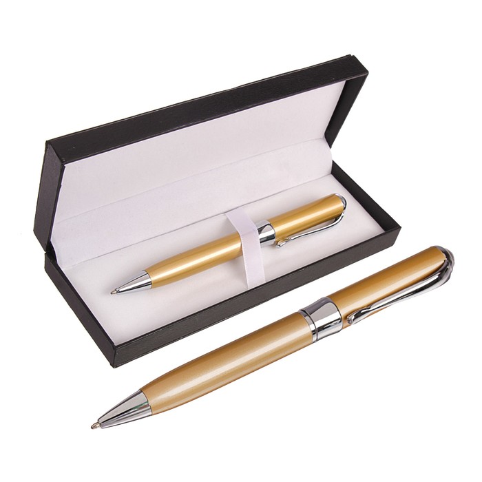 Ручка подарочная шариковая в кожзам футляре поворотная песочное золото с серебр вставками
