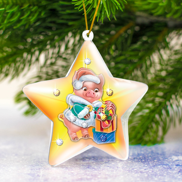 Новогодний шар "С Новым годом" Хрюшка с 3D аппликацией + стразы + блестки 2 гр