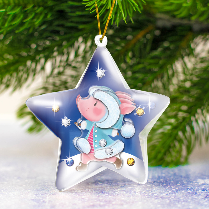 Новогодний шар "Свинка"  с 3D аппликацией + стразы + блестки 2 гр