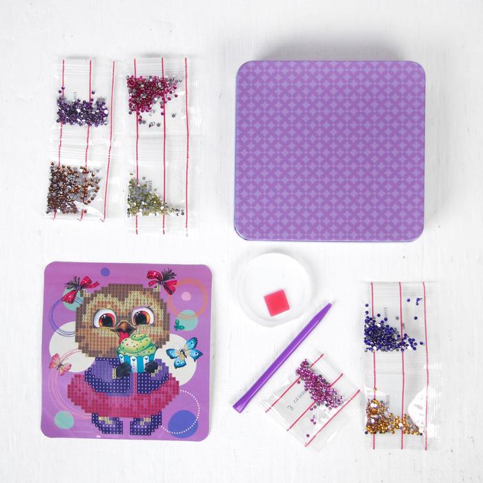 Алмазная вышивка на шкатулке 14*13,6 см "Совушка"+ емкость, стерж, клеев. подушечка 2694948 353678