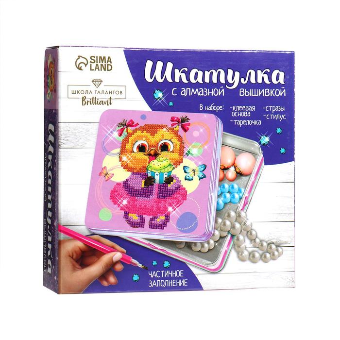 Алмазная вышивка на шкатулке 14*13,6 см "Совушка"+ емкость, стерж, клеев. подушечка 2694948 353678
