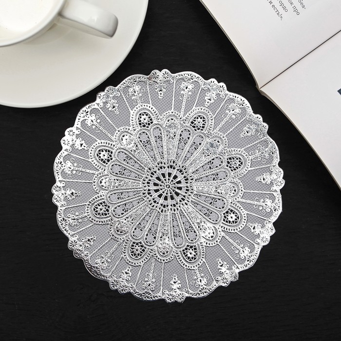 Салфетка ажурная ПВХ d15 см "Листочки" серебро