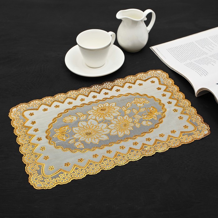 Салфетка ажурная ПВХ 37х25 см "Розы" золото, прямоугольник