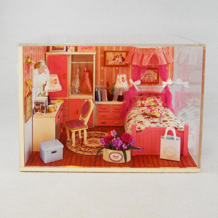 Интерьерный домик - миниатюра, своими руками "Спальня с кроватью с балдахином" со светом