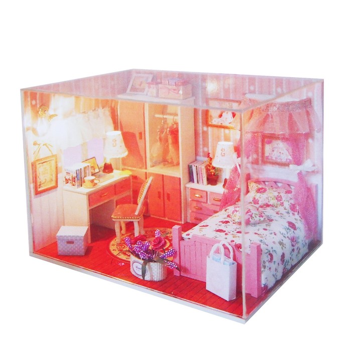 Интерьерный домик - миниатюра, своими руками "Спальня с кроватью с балдахином" со светом