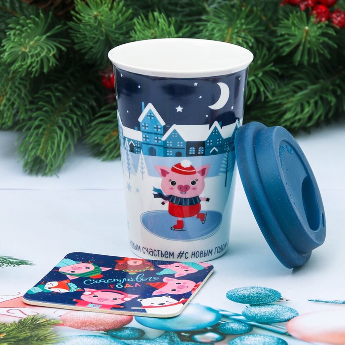 Набор "#С НОВЫМ ГОДОМ", термостакан 300 мл, подставка