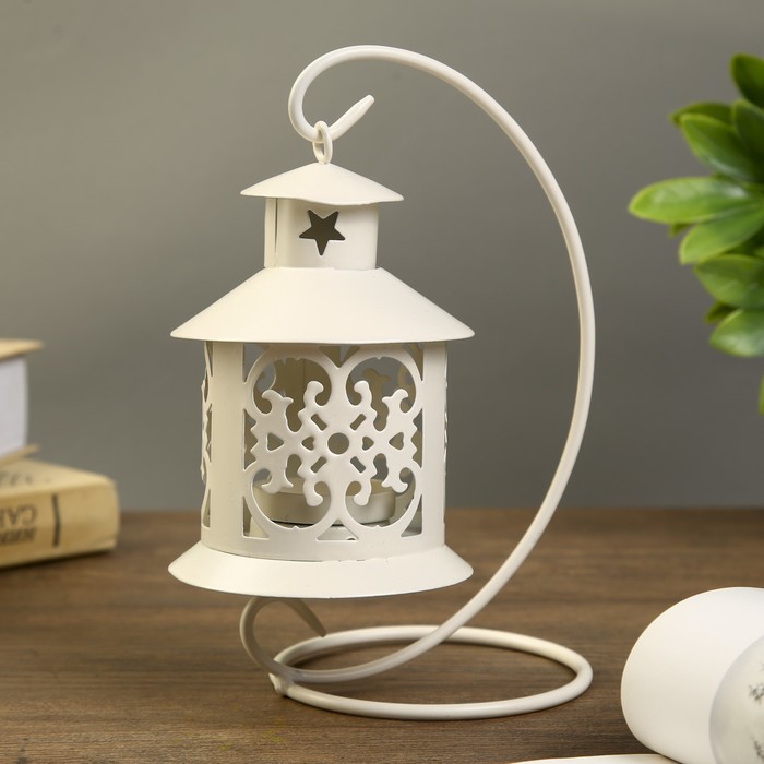 Подсвечник металл 1 свеча "Ажурный фонарик" белый 20х12х9,5 см