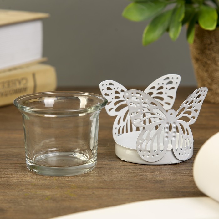 Подсвечник металл, стекло 1 свеча "Бабочка" белый 5,5х6,4х6,4 см