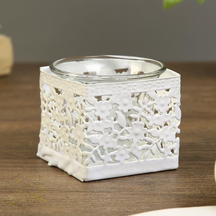 Подсвечник металл, стекло 1 свеча "Цветущий сад" белый 5,5х6,4х6,4 см