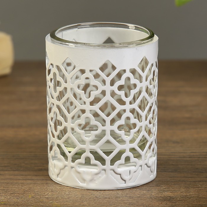 Подсвечник металл, стекло 1 свеча "Орнамент" белый 7х5,8х5,8 см