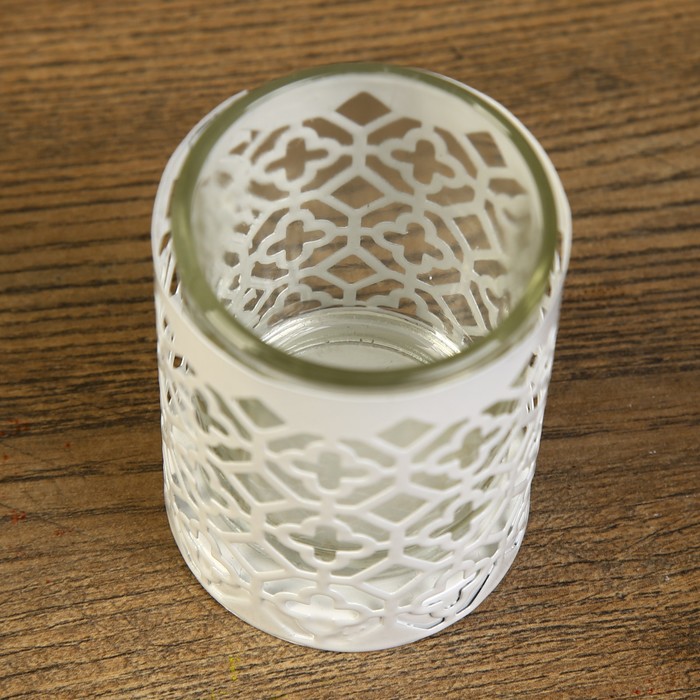 Подсвечник металл, стекло 1 свеча "Орнамент" белый 7х5,8х5,8 см