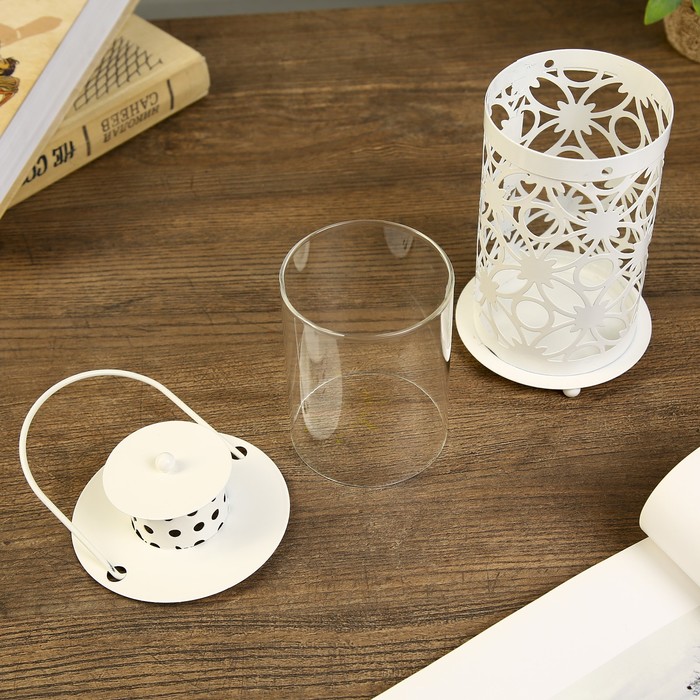 Подсвечник металл, стекло 1 свеча "Фонарик резной" белый 16х9х9 см