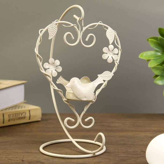 Подсвечник металл 1 свеча "Птица в сердце" белый 23х16х10 см