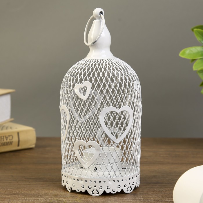 Подсвечник металл 1 свеча "Сердечки на сетке" белый 19х8,5х8,5 см