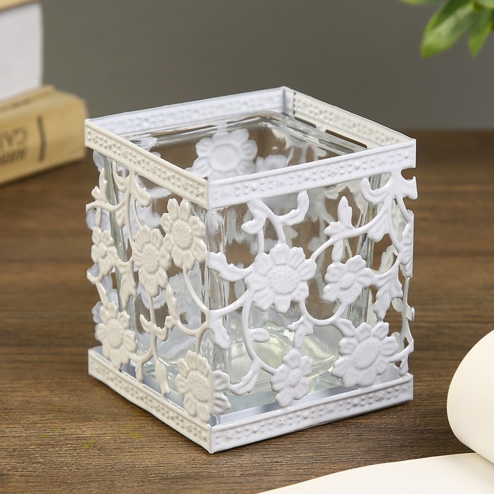 Подсвечник металл, стекло 1 свеча "Подсолнухи" белый 8,5х7,5х7,5 см