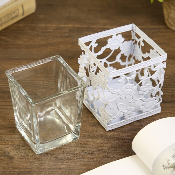 Подсвечник металл, стекло 1 свеча "Подсолнухи" белый 8,5х7,5х7,5 см