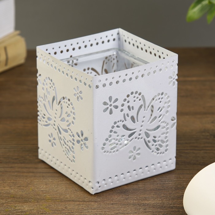 Подсвечник металл, стекло 1 свеча "Бабочка" белый 9х7,5х7,5 см