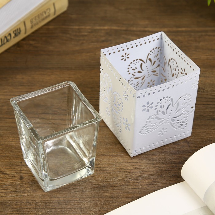 Подсвечник металл, стекло 1 свеча "Бабочка" белый 9х7,5х7,5 см