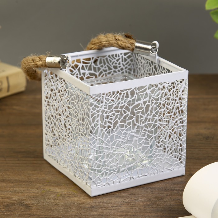 Подсвечник металл, стекло 1 свеча "Листья" белый 10х10х10 см