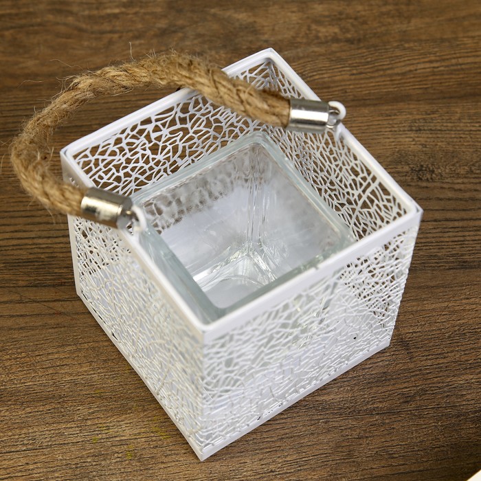 Подсвечник металл, стекло 1 свеча "Листья" белый 10х10х10 см