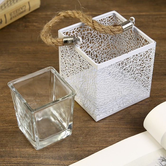 Подсвечник металл, стекло 1 свеча "Листья" белый 10х10х10 см