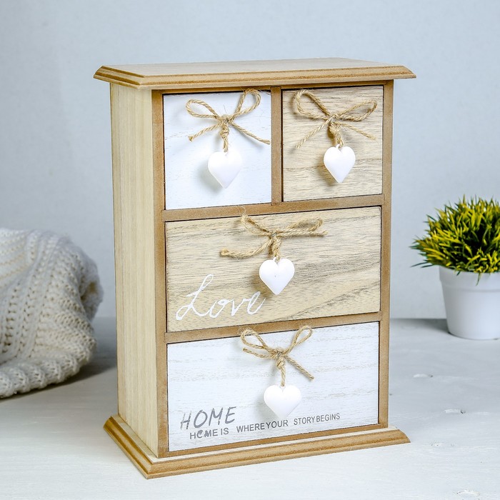 Шкатулка дерево 4 ящика "Комод с сердцами" 29х21х12 см