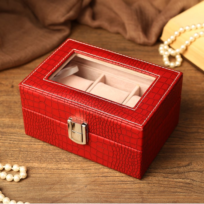 Шкатулка кожзам под часы 3 отделения "Рептилия" красная матовая 7,5х15,5х10,5 см