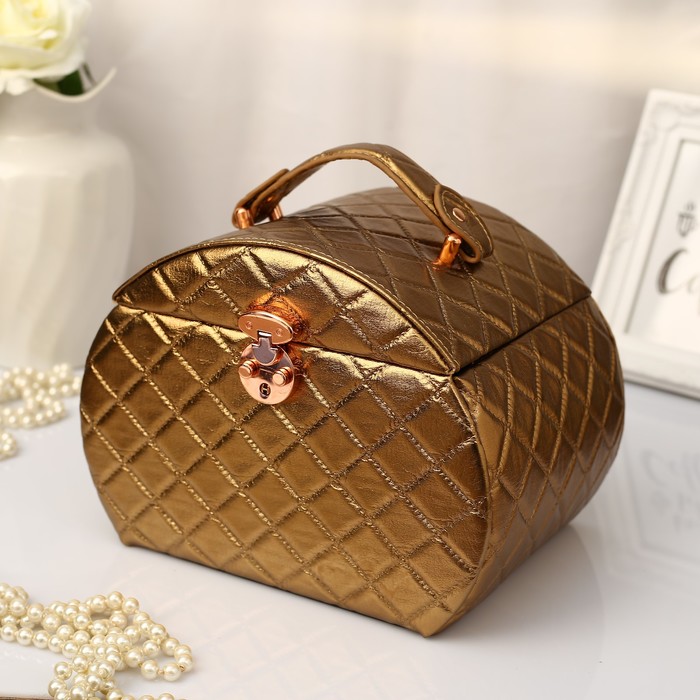 Шкатулка кожзам под часы 1 отделение и бижутерию "Крупная клетка"тёмное золото 17х23х16 см