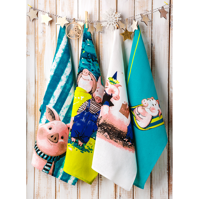 Полотенце для кухни Spany 35x61, рогожка, хл.100%, Хрюша в гамаке