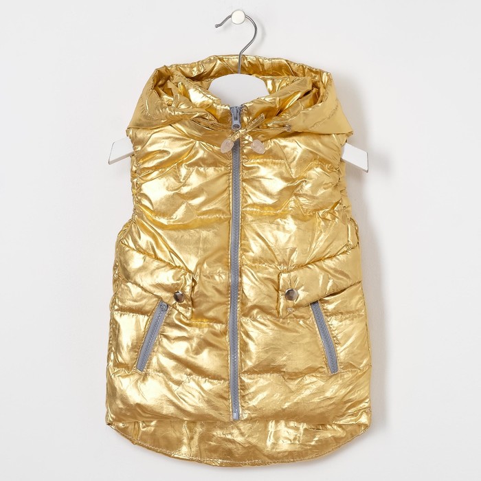 Жилет для девочки с капюшоном, с клапанами, желтое золото, рост 116-122 см
