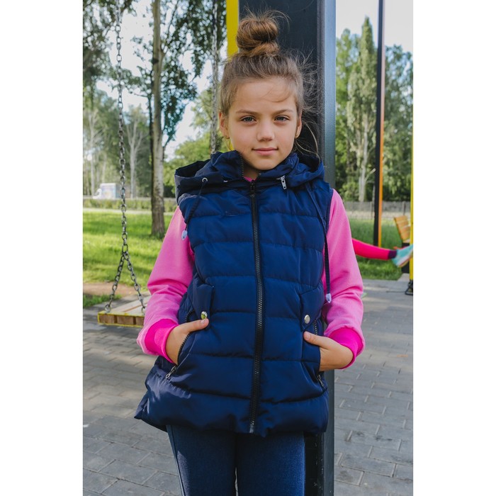 Жилет для девочки с капюшоном, т-синий, рост 140-146 (38)