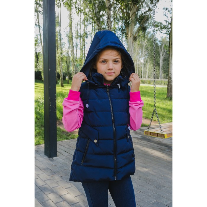 Жилет для девочки с капюшоном, т-синий, рост 140-146 (38)
