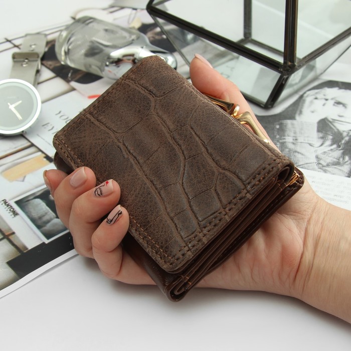 Кошелёк женский, отдел рамка, 2 отдела, для карт, на клапане, цвет кофе