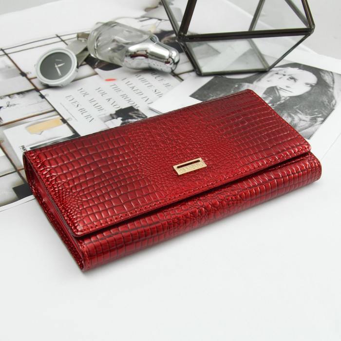 Кошелёк женский, 2 отдела рамка, 4 отдела, для карт, на магните, наружный карман, цвет красный