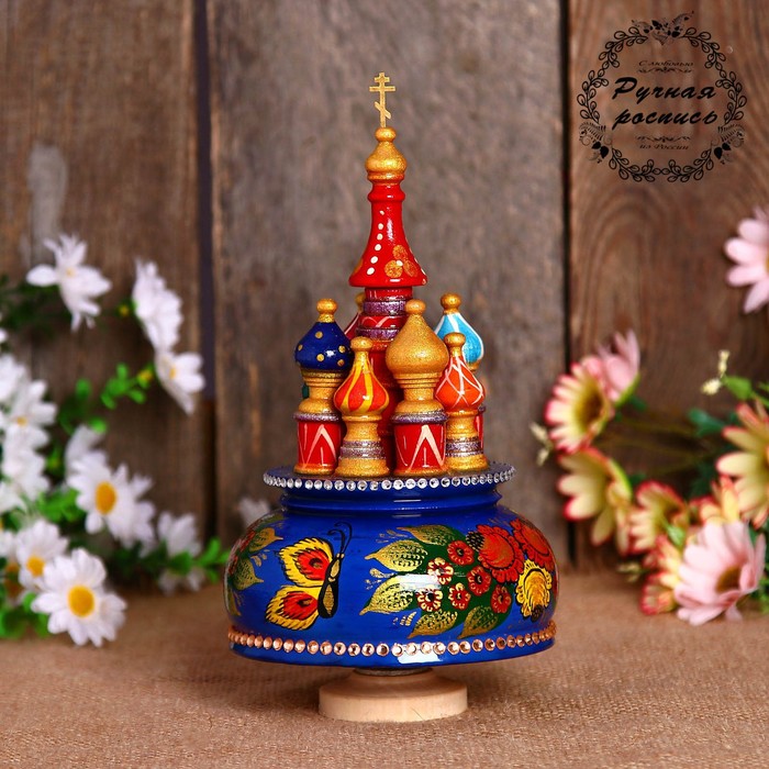 Сувенир-шкатулка музыкальная "Храм. Жостово", 19х15,5 см, синяя