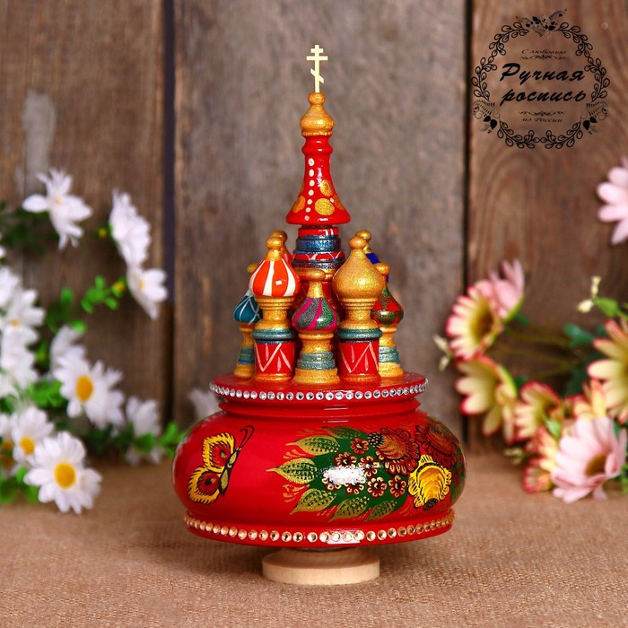 Сувенир-шкатулка музыкальная "Храм. Жостово", 19х15,5 см, красная