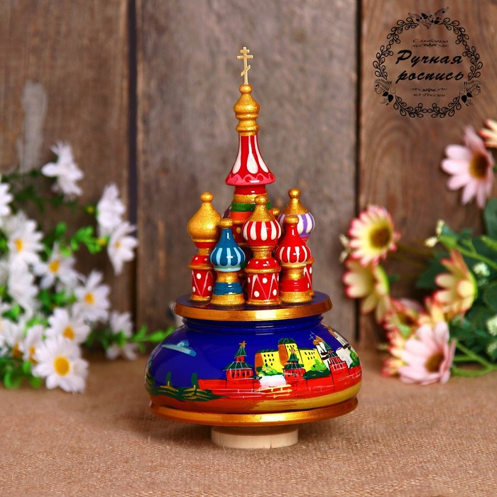 Сувенир-шкатулка музыкальная "Храм. Кремль", 19х15,5 см, синяя