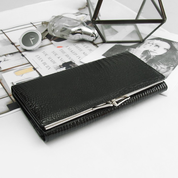 Кошелёк женский, 2 отдела рамка, 4 отдела, для карт, на магните, наружный карман, цвет чёрный