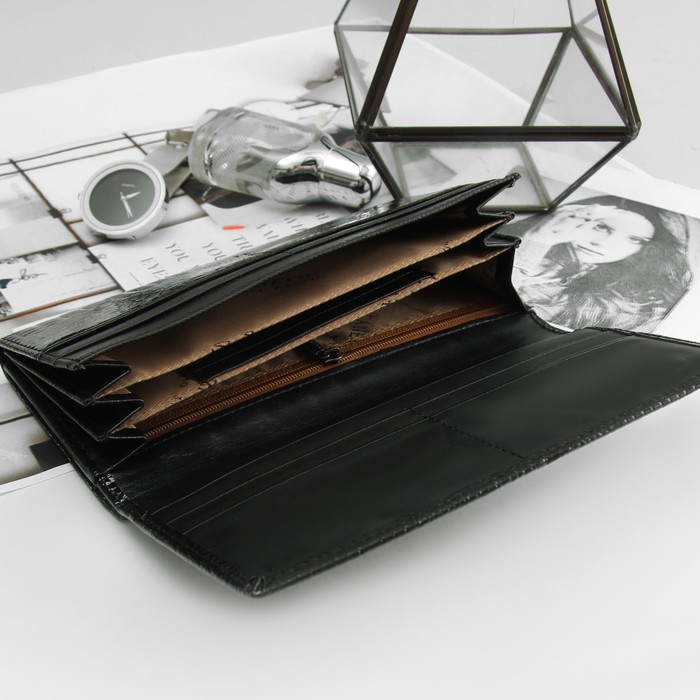 Кошелёк женский, 2 отдела рамка, 4 отдела, для карт, на магните, наружный карман, цвет чёрный