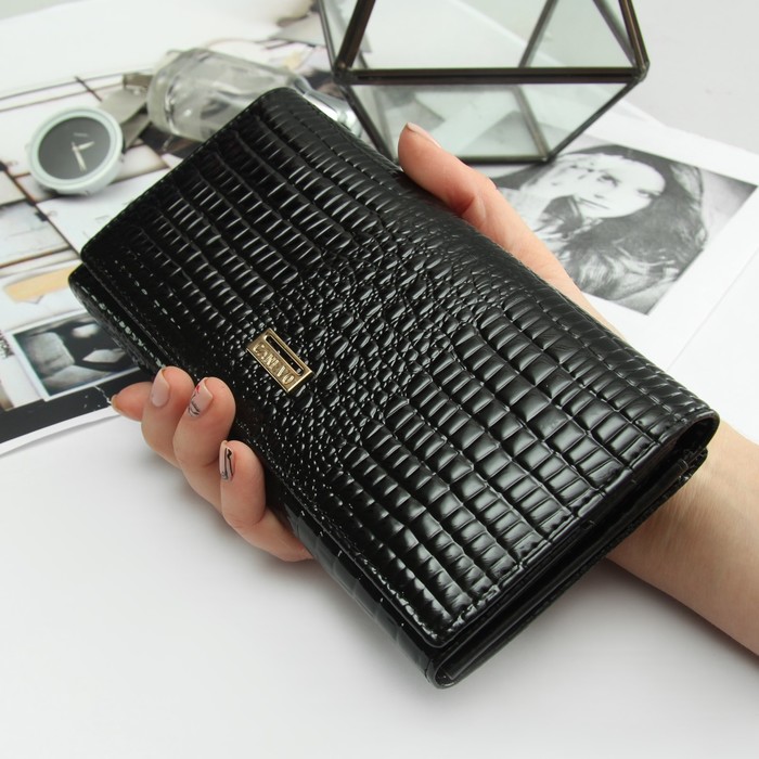 Кошелёк женский, 2 отдела рамка, 4 отдела, для карт, на магните, наружный карман, цвет чёрный