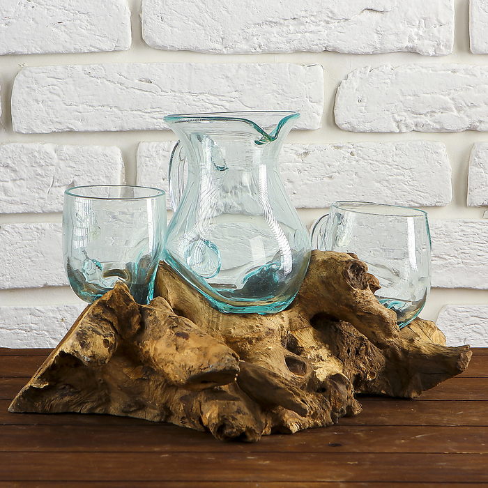 Вазон стекло на дереве "Графин и 2 кружки" 30х35х15 см