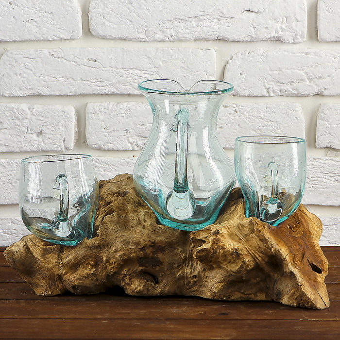 Вазон стекло на дереве "Графин и 2 кружки" 30х35х15 см