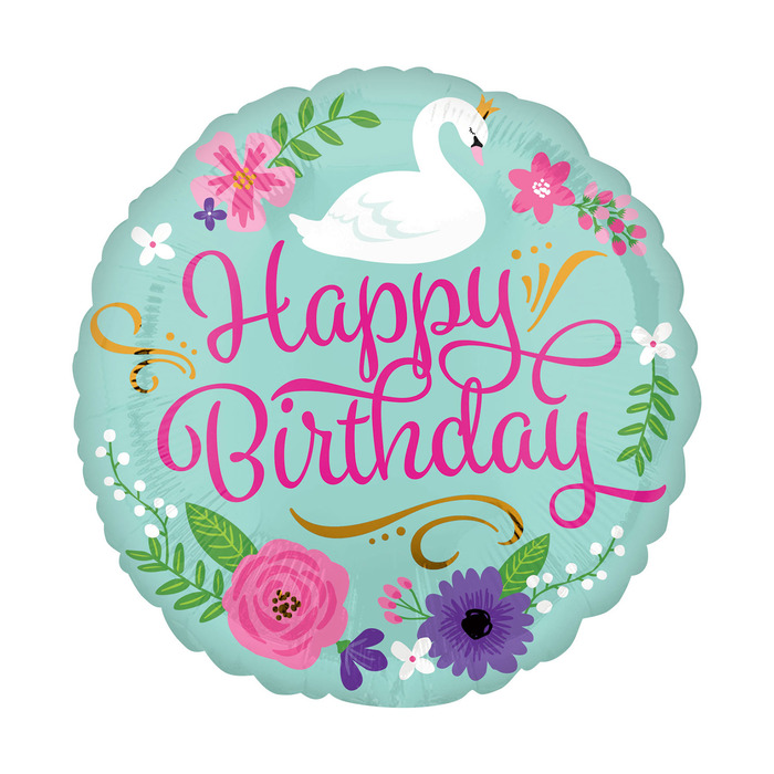 Шар фольгированный 18" "С днем рождения",лебедь, цветы, А