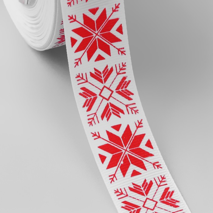 Лента репсовая «Узорные снежинки», 25мм, 22±1м, цвет белый/красный
