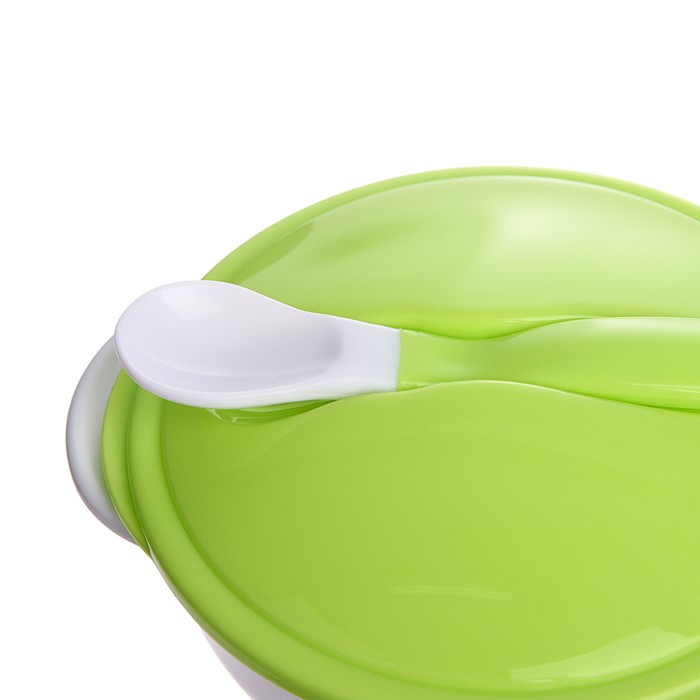 Набор детской посуды, 3 предмета: тарелка на присоске, крышка, ложка, цвет зелёный