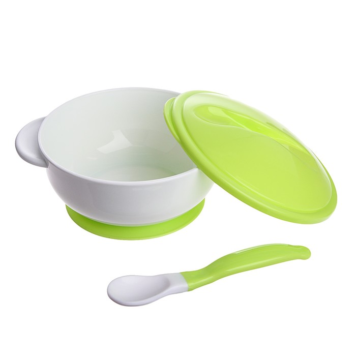 Набор детской посуды, 3 предмета: тарелка на присоске, крышка, ложка, цвет зелёный