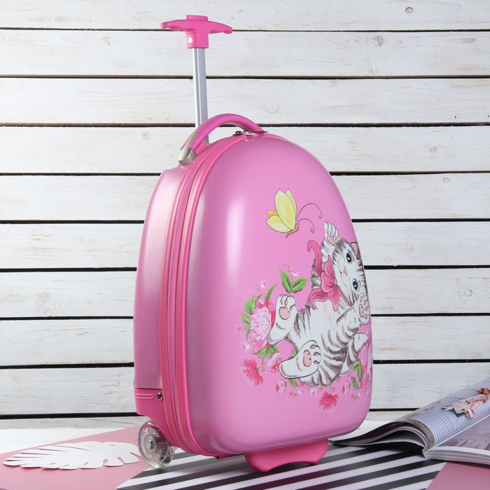 Чемодан детский «Кошечка», отдел на молнии, 2 колеса, цвет розовый