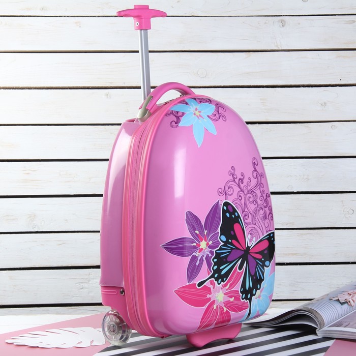 Чемодан детский «Бабочки», отдел на молнии, 2 колеса, цвет розовый