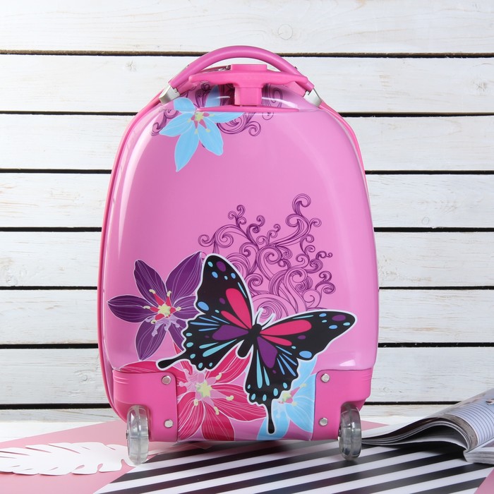 Чемодан детский «Бабочки», отдел на молнии, 2 колеса, цвет розовый