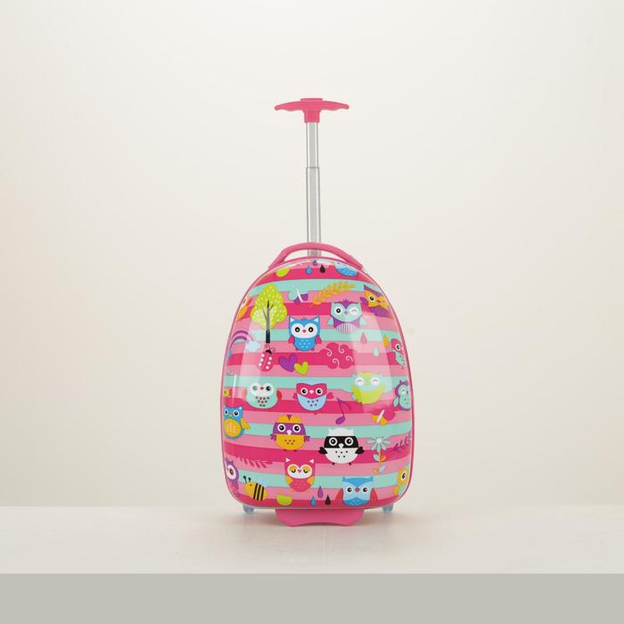 Чемодан детский «Совы на ветке», отдел на молнии, 2 колеса, цвет розовый